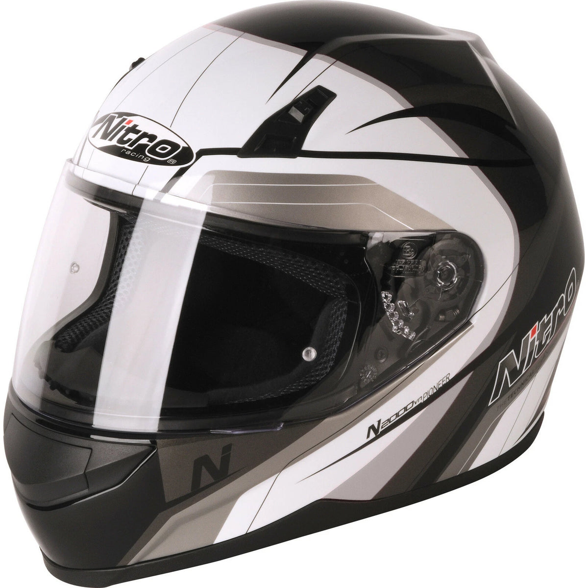 Nitro N2000 Pioneer Full Face Motorcycle Helmet - Black / White / Silver