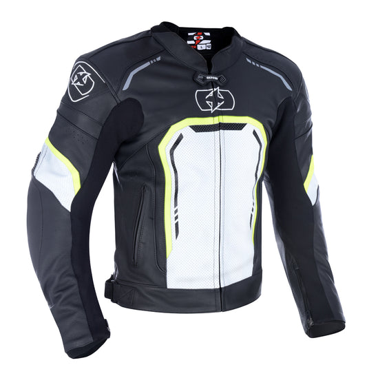 Oxford Strada Men's Leather Sports Jacket Black White Fluo