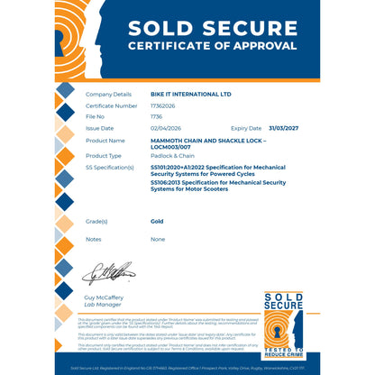 Mammoth Sold Secure Gold Approved 12mm x 1.8m Square Chain With Shackle Lock