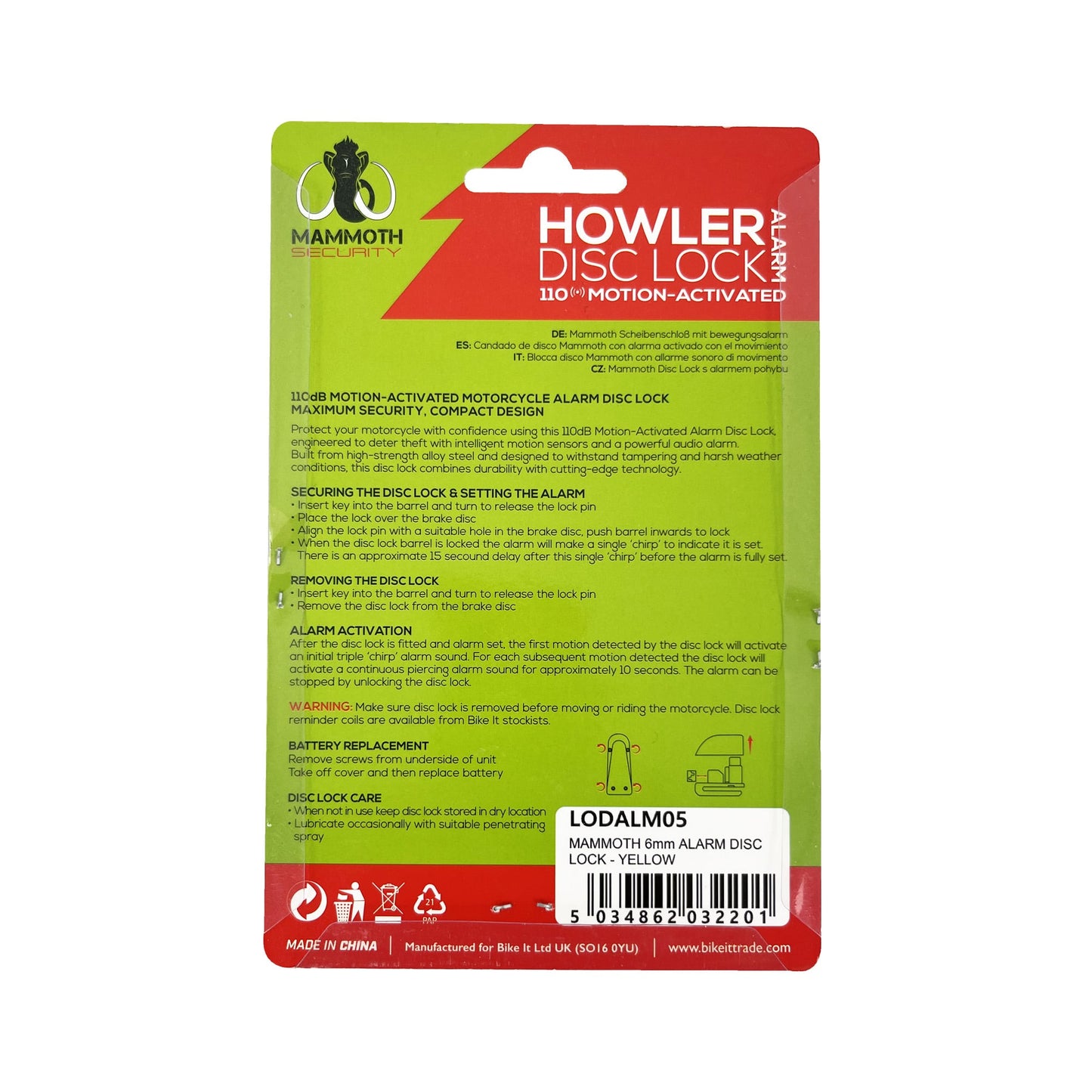 Mammoth Howler 110dB Motion Activated Disc Lock Alarm
