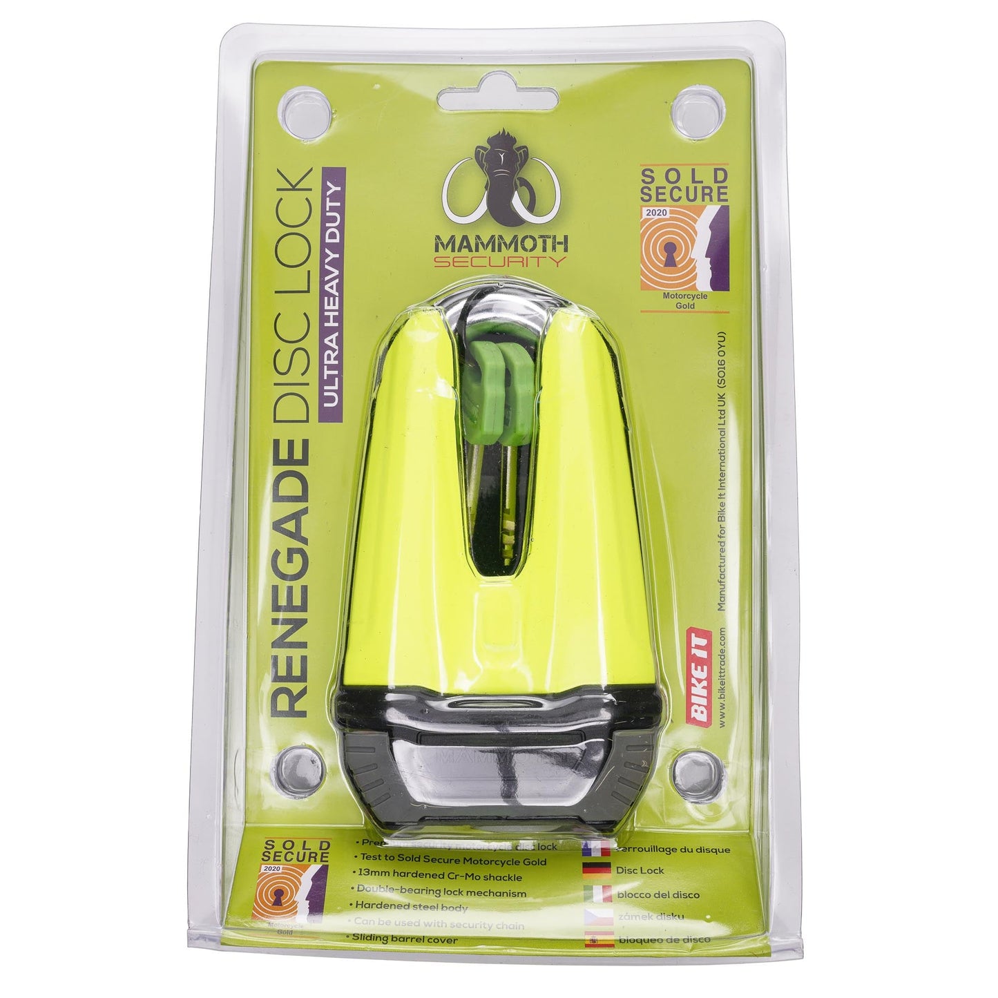 Mammoth Security Renegade Disc Lock 13mm Fluoro Yellow Sold Secure Gold Approved